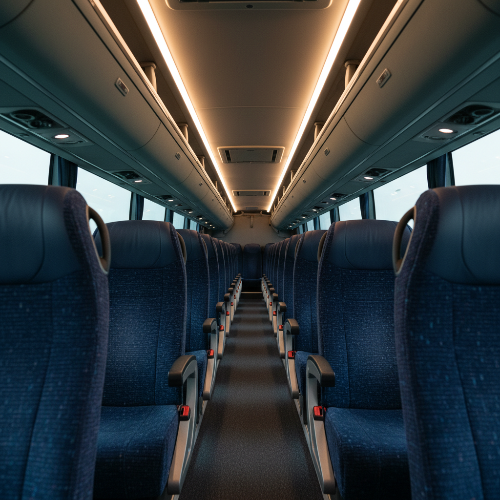 The interior of a pristine charter coach featuring high-back navy blue upholstered seats with subtle texture, adjustable armrests, and overhead luggage compartments with soft-close doors. Each seat has an individual reading light and vent, while a central aisle runs straight to the rear. Soft, evenly distributed LED lighting illuminates the space, creating a calm, upscale ambiance without harsh glare. Photographed from the front of the bus looking toward the back, the composition emphasizes depth and symmetry with sharp focus on the nearest seats and gentle falloff toward the back. The mood is professional, comfortable, and inviting, highlighting quality charter bus rentals for larger groups in a clean, photographic style.