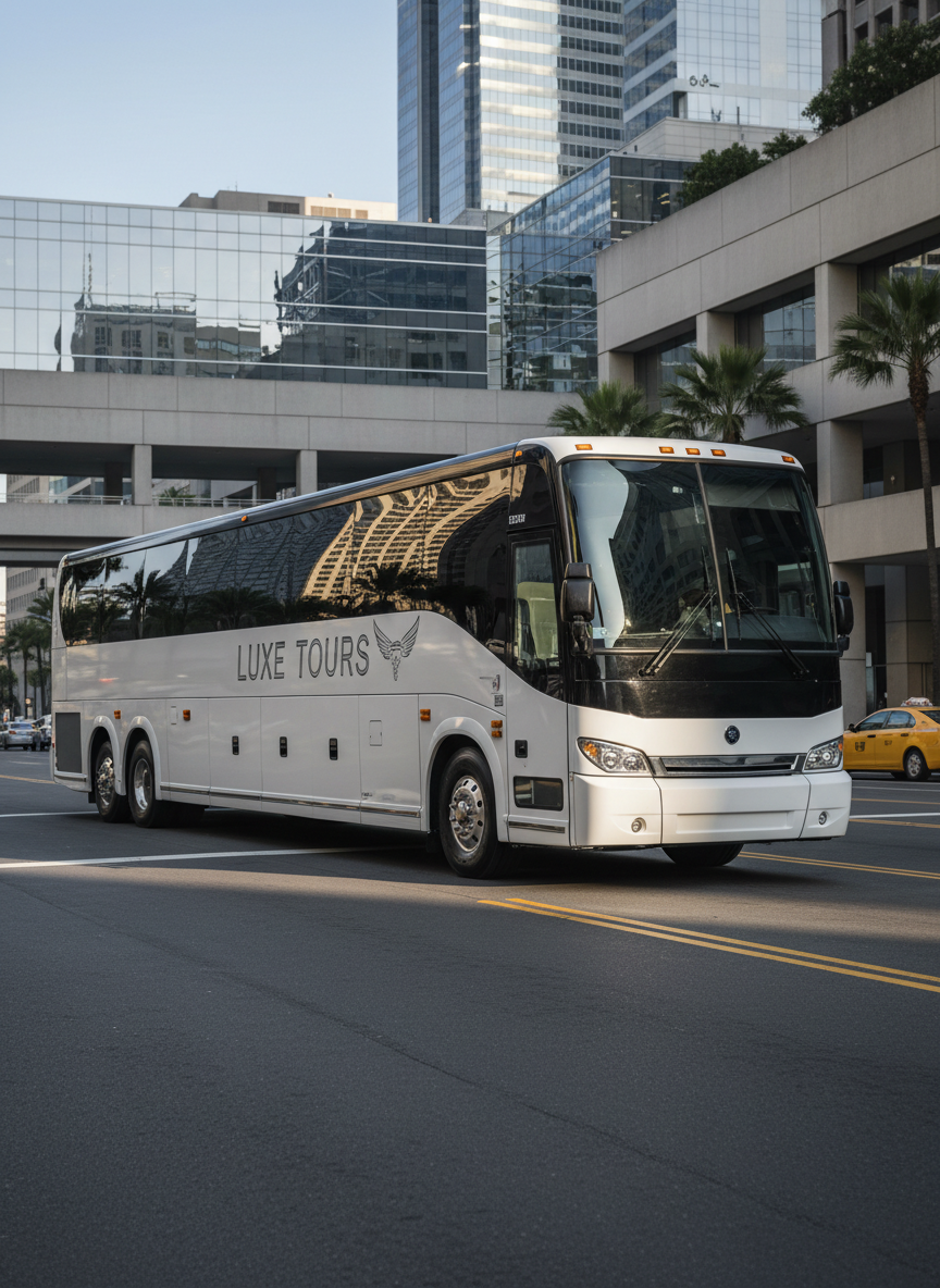 A modern luxury charter bus with a sleek white exterior, subtle silver accents, and tinted panoramic windows is parked in front of a contemporary city convention center. The polished bodywork reflects the clean lines of glass and steel buildings around it. Early morning natural light creates soft highlights along the bus’s contours and casts crisp shadows on the smooth asphalt. The scene is composed at eye level with the bus angled three-quarters toward the viewer, giving a clear view of its length and professional branding area. The background is slightly blurred for emphasis, and the overall photographic realism feels clean, professional, and reliable, perfect for representing premium charter bus service.