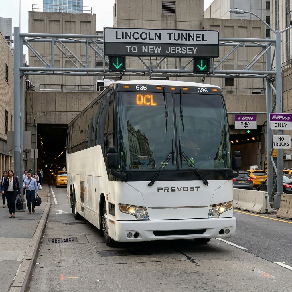 White Prevost coach bus with route QCL at city street intersection
