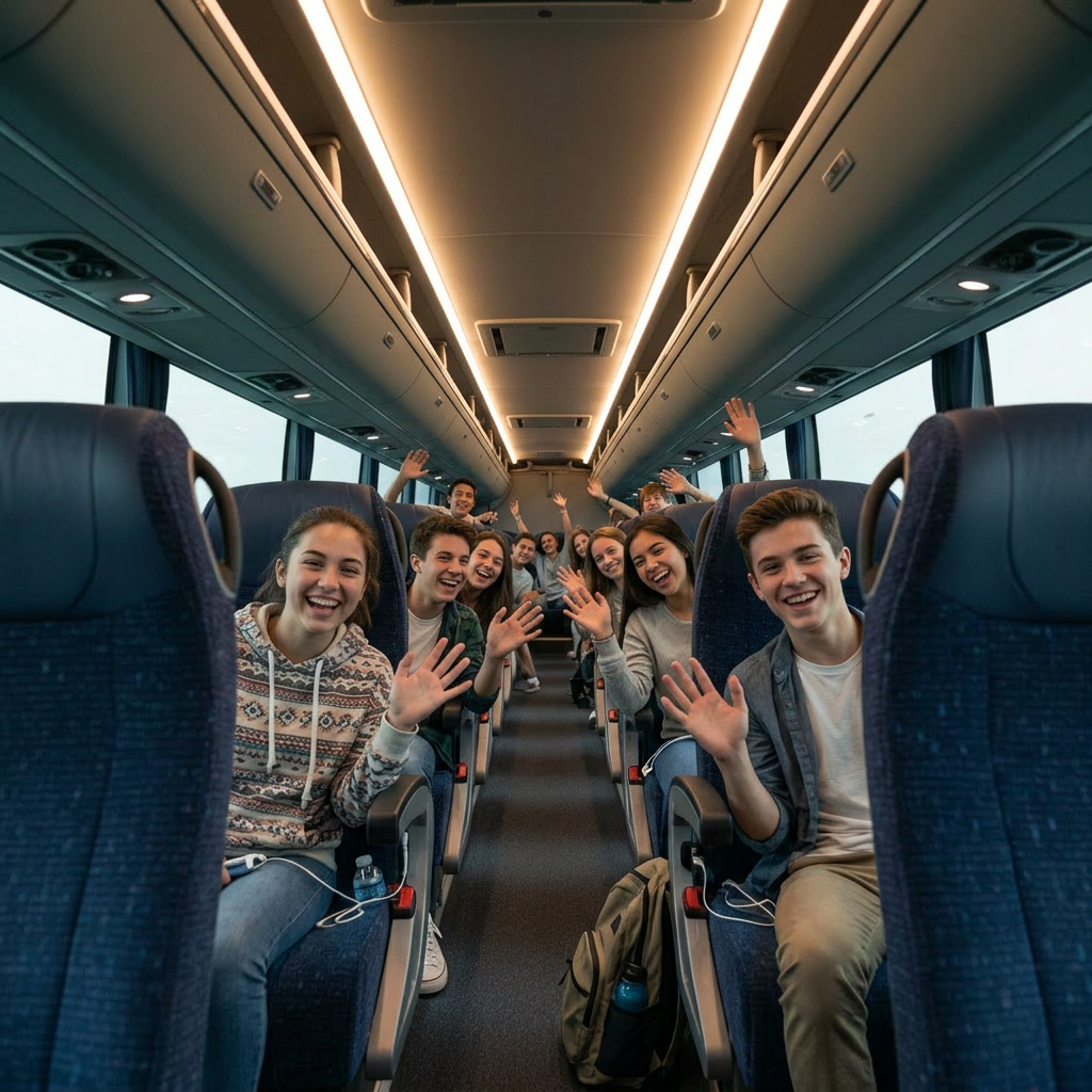 The interior of a pristine charter coach featuring high-back navy blue upholstered seats with subtle texture, adjustable armrests, and overhead luggage compartments with soft-close doors. Each seat has an individual reading light and vent, while a central aisle runs straight to the rear. Soft, evenly distributed LED lighting illuminates the space, creating a calm, upscale ambiance without harsh glare. Photographed from the front of the bus looking toward the back, the composition emphasizes depth and symmetry with sharp focus on the nearest seats and gentle falloff toward the back. The mood is professional, comfortable, and inviting, highlighting quality charter bus rentals for larger groups in a clean, photographic style.